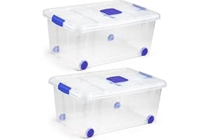 KINGNET Cajas Almacenaje Plástico con Tapa y Cierre a Presión, Cajas Oranizadoras Transparente, Perfecta para Almacenar Ropa, Juguete, Libro y Productos de hogar (Nº3-36Litros, Pack 2 unidades)