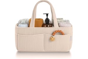 PUTSKA Baby Nappy Caddy Organiser for Changing Table – Stylish Nursery Storage Basket, Newborn Essentials, Baby Shower Gifts and Registry Must-Haves for Boy or Girl, Car Nappy Caddy, Corduroy Cream
