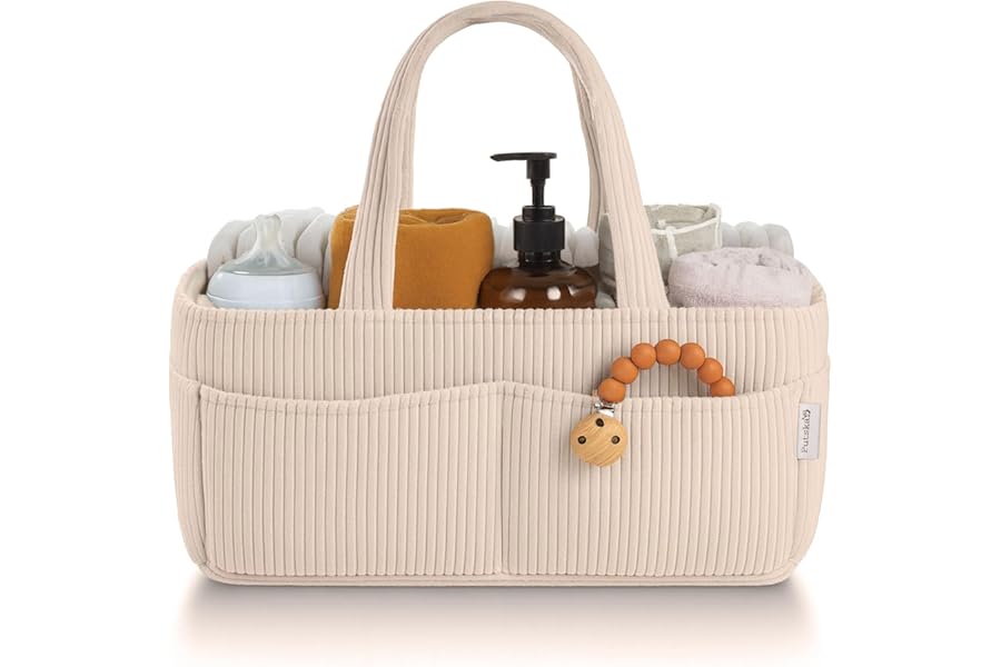 PUTSKA Baby Nappy Caddy Organiser for Changing Table – Stylish Nursery Storage Basket, Newborn Essentials, Baby Shower Gifts and Registry Must-Haves for Boy or Girl, Car Nappy Caddy, Corduroy Cream