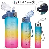 3'l&uuml; Motivasyonel Matara Seti, İ&ccedil; İ&ccedil;e Ge&ccedil;ebilir Tasarım, 2000ml, 900ml ve 300ml, Gradyan Renk Se&ccedil;enekleri, Sticker ve Pipet H