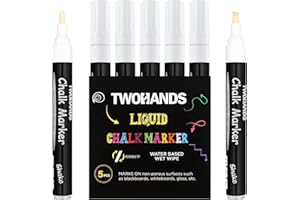 TWOHANDS Stylo Craie Pour Tableau Noir, Marqueurs à Liquide Effaçables Blancs (Lot de 5) - Pointe Réversible Pour Fenêtres, Tableaux, Enseignes, Verre,19530