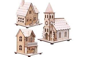 FUFRE LED Maisons de Village de Noel en Bois Lumineuses, Miniature avec des Lumières de Table de Vacances de Noël, Noël Pendentifs Arbre Décorations (3Pièces)