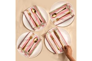 Folkulture Cloth Napkins | (18" x 18") Pink Napkins Set of 4 for Dining Table | Stripe Pink & Green Dinner Napkin or Rick Rack Napkins for Kitchen | Reusable Linen or Table Linens Washable