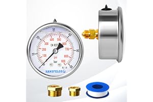 Hansfelds pressure gauge63mm*1/4"BSP,back mount filledcase glass window, brass internal and connection dual scale bar/psi, accuracy 1.6 (0-60 bar)