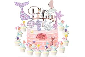 DROOKAEN 31 Stück Glitzer Meerjungfrau Tortendeko, Happy Birthday Tortendeko Meerjungfrau, Cupcake Cake Toppers Geburtstagdeko für Mädchen Frauen