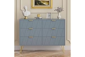 UEV Cassettiera 6 Cassetti, Comò in Legno, Mobile Cassettiera Salvaspazio per Camera da Letto, Soggiorno, 100 x 34 x 73cm, Blu Grigio