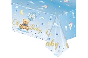 POPOYU 54 x 108 Zoll Blaue Babyparty Tischdecke,Willkommen Baby Jungen Tischdecke,Baby Shower Boy Tischdecken,Blue Teddybär Kunststoff Rechteckige Tischdecken für Teddybär Party Baby Shower Dekoration