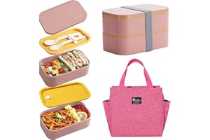 Aiuuee Porta Pranzo Set, 2 Strati 1600ml Lunch Box Ermetica con Borsa Termica e Posate, Bento Box Microonde Schiscetta Pranzo per Adulti Bambini Picnic Scuola Ufficio (Rose)