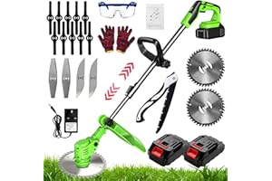 Gompuy Garden Strimmer, Electric Cordless Strimmer, Brush Cutter with Blades, Grass Trimmers with 21V 2000mAh Batteries, Lightweight Cordless Retractable, Suitable for Garden, Lawn Mowing