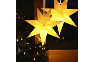 Feebee Estrella Navidad, 2 Piezas LED 3D Estrellas Plegables 45CM, 7 Puntas Linterna Estrella Papel Colgante Decoración Blanco, Luminosa Decor de Ventanas para Navidad, Cumpleaños, Vacanze