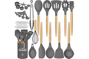 Umite Chef - Juego de utensilios de cocina de silicona antiadherente, 24 piezas, juego de utensilios de cocina con soporte, mango de madera resistente al calor, juego de utensilios de cocina