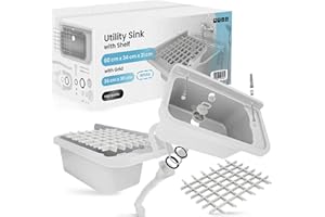 INSTALGURU Lavabo de Cámara | Fregadero Industrial 60 x 34 x 21 cm Gris con Estante y Parrilla 36 x 30 cm Profunda Lavadero Exterior Comercial Lavamanos Jardín Garaje Lavandería Baños Fábrica