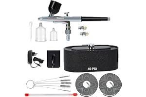 Bonvvie Aerografi Set, Aerografo a Doppia Azione per Trucco, Verniciatura, Modellismo, Artigianato, Unghie, Tatuaggi, Decorazioni per Torte, Compressore d'Aria con Arresto Automatico (40PSI)