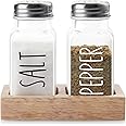 dopeca Salt and Pepper Shakers with Holder, Glass Salt Shaker with Wood Tray for Counter or Table, Salt and Pepper Shakers Set for Kitchen or Restaurant, Easy Refilling, 2.7 oz