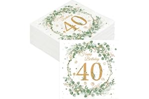 WEYSOO Servietten 40 Geburtstag, 40 Stück Servietten Eukalyptus Geburtstag, Papierservietten Grün Gold, 40 Geburtstagsservietten für Mann Frau Party Tischdeko(33 x 33cm)