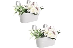Pumpumly 2Pcs Metal Hanging Flower Pots - Railing Planter Balcony Planters for Railing,Over Fence Planters with Double Detachable Hooks Wall Hanging Planter for Garden Home Decoration