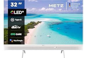 Metz 32 Pulgadas Smart TV QLED Portátil, 32MQE7100Z Google Television, HD, HDR10, 2x10W Potentes Altavoces Frontales, DBX, Dolby Audio, USB-C, Chromecast, Trabajar con Google Assistant, Blanco, 80cm