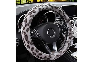 BEISIJIA Housse de volant de voiture motif léopard, universelle, antidérapante et chaude, en peluche moelleuse, 36-38 cm, gris