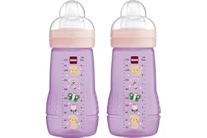 MAM Easy Active, lot de 2 biberons, 270 ml, avec tétine MAM taille 1, en silicone SkinSoft, biberons avec forme ergonomique, pour bébé de 0 mois et plus, motif de chat/papillon