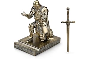 HDMbigmi King's Guard Leader Cloak Warrior Knight Pen Holder Mobile Phone Stand, Ornament Knight Statue, Pen Stand Paperweight with a Metal Sword Letter Opener for Office and Home (Bronze)