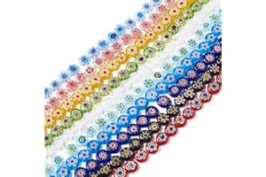 PH PANDAHALL PandaHall - 10 fili di perline in vetro Millefiori fatte a mano piatte e rotonde, 10x4mm perline in vetro lavorato a lume con fiore per la creazione di gioielli fai da te bracciali, colori assortiti