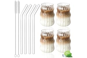 Nizirioo Lot de 4 Verres à Café 500 ml Avec Pailles et Brosses de Nettoyage - Pour Dessert, Thé, Jus, Whisky, Bière, Cocktail et Café Glacé