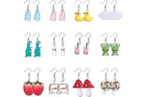 KALVICA 12/18 Pairs Weird Funny Earrings for Women Teens Stainless Steel Ear Hook Resin Drop Earrings Gummy Bear Goldfish Mushroom Dinosaur Frog Lemon Strawberry Cute Aesthetic Drop Dangle Earring Set
