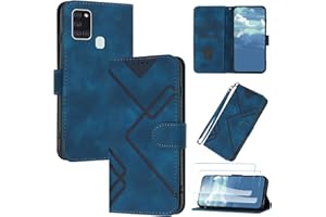 CJXHJY Hülle für Samsung Galaxy A21S[2X Displayschutzfolie],Premium PU Leder Handyhülle Flip Case Wallet Silikon Schutzhülle[Kartenfach] [Standfunktion][Magnet]-Blau