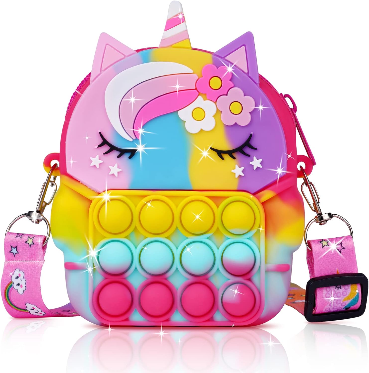 Ainiv Pop - Bolso de hombro para niña, 2 en 1 unicornio, bolsa de juguete Pop Fidget, Push Bubble Juguetes pequeño bolso de silicona, longitud de hombro ajustable, regalos para niñas y niños (naranja)