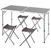 AKTIVE Aluminium Folding Table with 4 Steel Stools, Height Adjustable 60/70 cm, Surface 120 x 60 cm, Grey Finish, Portable De