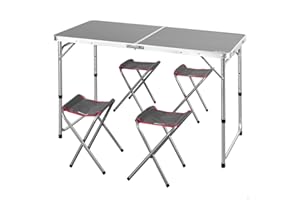 AKTIVE 63161 Mesa Plegable de Aluminio con 4 taburetes de Acero, Altura Regulable 60-70 cm, Superficie 120 x 60 cm, Acabado Gris, diseño portátil con asa para Camping, Playa y jardín