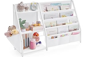 SONGMICS Bibliothèque pour Enfants, Meuble de Rangement pour Jouets, Organiseur de Livres, avec Pochette Latérale, Hauteur 75 cm, pour Chambre d’Enfant, Salle de Jeux, Blanc GKR024W01