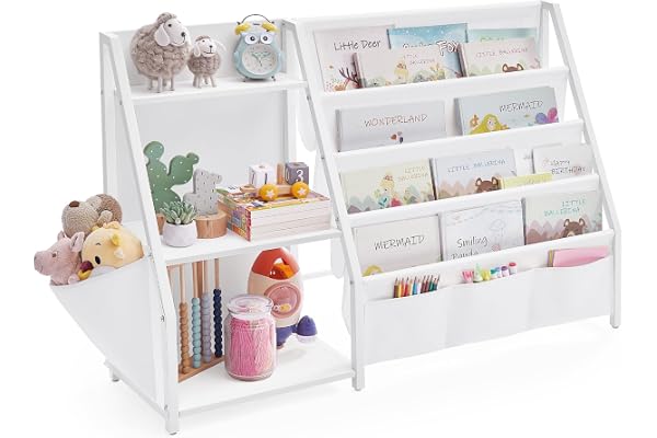 SONGMICS Barnbokhylla, Barnhylla, Leksakshylla, Bokhållare, med sidoficka, 75 cm hög, för barnrum, Lekrum, Vit GKR024W01