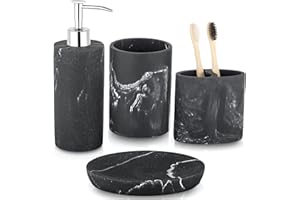 ZCCZ Badezimmer Set – 4 Teile – Badezimmer Organizer mit Zahnbürstenhalter, Seifenspender, runde Seifenschale, Zahnputzbecher, für Kosmetik – Edle Badezimmer Deko in Marmor-Optik, schwarz