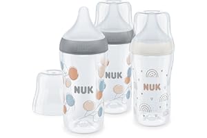 Set de biberons NUK Perfect Match, 3+ mois, S’adapte au palais, Contrôle de température, Évent anti-coliques, 260 ml, Sans BPA, TÉTINE M en silicone, Arc-en-ciel & branche, 3 pces