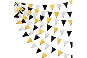 PINK BLUME 32Ft Black Gold Silver Fabric Triangle Banner Flag Double Sided Metallic Holographic Pennant Bunting Garland for Birthday Holiday Wedding Baby Shower Anniversary Graduation Theme Party Decorations