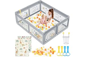 SOFTHOM Laufstall Baby mit Matratze, 150x180cm Laufgitter Baby mit Rutschfestem Boden und Atmungsaktivem Netz, Stabiler und Sicherer Indoor & Outdoor Babyspielplatz, Inkl. 60 SeebäLle, 4 Griffe