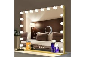 Bayt Hollywood Espejo 80 x 60 cm, Espejo Maquillaje con 18 Luces, Espejo de Aumento 10x, Regulable, Ampliación, Oro