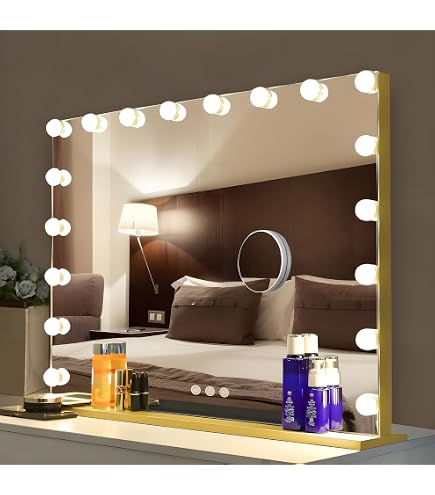 Specchio Trucco Hollywood Con Luci LED Bayt - 80x60 Cm, 18 Lampadine Dimmerabili, 3 Tonalità Luce, Specchietto Ingranditore 10x