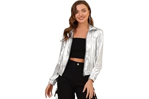 Allegra K Blouson métallique Femme Veste Holographic Brillante à manches longues Bomber zippé Tenue de disco