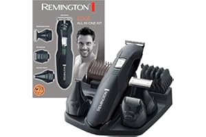 Remington Tondeuse Barbe [Multifonction 10 accessoires] Edge (Polyvalent: Poils du visage & du corps,Lames Acier, 4 têtes interchangeables + 6 Sabots, Sans fil,Socle de rangement) Tondeuse PG6030