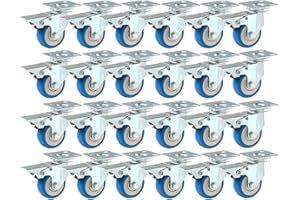 FACTORDUTY 24 Pack 50mm Up to 100KG Heavy Duty Polyurethane Blue Castor Wheels With Brake, Rubber Base with Top Plate & Bearing 2 Inch Caster Wheels for DIY, Furniture Trolley Wheels