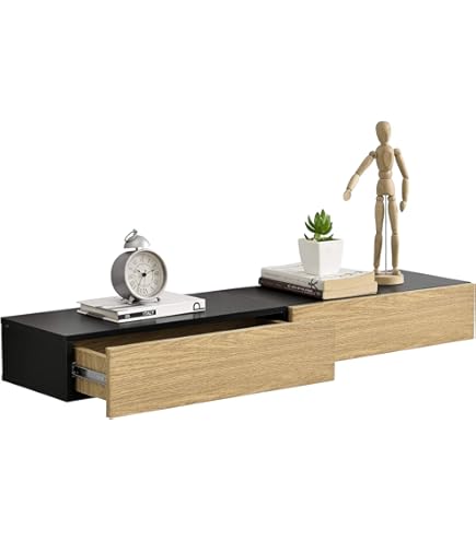 MODULARREDO | DOMINO MAXI Mensola da Muro con Cassetto, Comodino Sospeso, Mensola da Parete, 88.2x13.4 p23.7 cm, Rovere Grigio Nuovo, Kit Tasselli Incluso - Made in Italy
