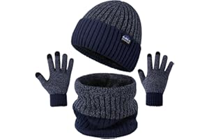 KQueenStar Direct Hat Scarf and Gloves Set Mens - Winter Thermal Warm Knitted Beanie Hat Neck Warmer Touchscreen Gloves with Soft Fleece Lining Stretchy Outdoor Sports Gift for Men UK