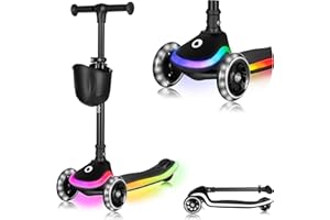 LIONELO MEY Trotinette d'Équilibre Scooter pour Enfants de 3 Ans à 50 kg, Trotinette Trois Roues avec Réglage de la Hauteur, Plateforme Antidérapante Éclairée et Roues LED, Panier