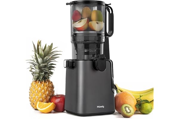 H.Koenig Extracteur de Jus Fruits et Légumes Vertical GSX26 - Sans BPA, Large Ouverture 135 mm, Pression Douce 50 tr/min, Acier Inoxydable, Silencieux, 250 W, Anti-Gouttes, Lavable Machine
