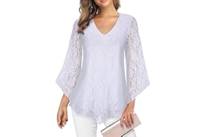 Gemulate Womens Blouse Ruffle 3/4 Sleeve Blouses for Women V Neck Chiffon Tunic Tops Double Layers Mesh Shirts