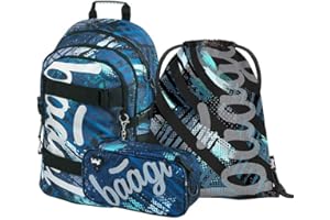 Baagl Schulrucksack Set Jungen 3 Teilig, Schultasche ab 3. Klasse, Grundschule Ranzen mit Brustgurt, Ergonomischer Schulranzen (Skate Strukturen)