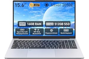 Auusda 15.6" FHD IPS Laptop | 16GB RAM + 512GB SATA SSD | 6000mAh Battery | Fingerprint & Backlit Keyboard | USB 3.0/2.0, Full-Featured Type-C, HDMI, Silver Laptops Computer