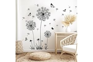 AONAT 2 Wandsticker: Löwenzahn und Schmetterling, Wandaufkleber, Löwenzahnblumen, Pflanzen, Sticker, abnehmbar, Deko, Kinderzimmer, Baby, Wohnzimmer, Dekoration (schwarz)
